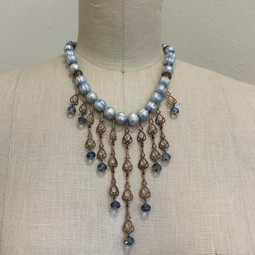 Vintage Blue Pearl Necklace With Brass Filigree Dangles Statement Rare Unique